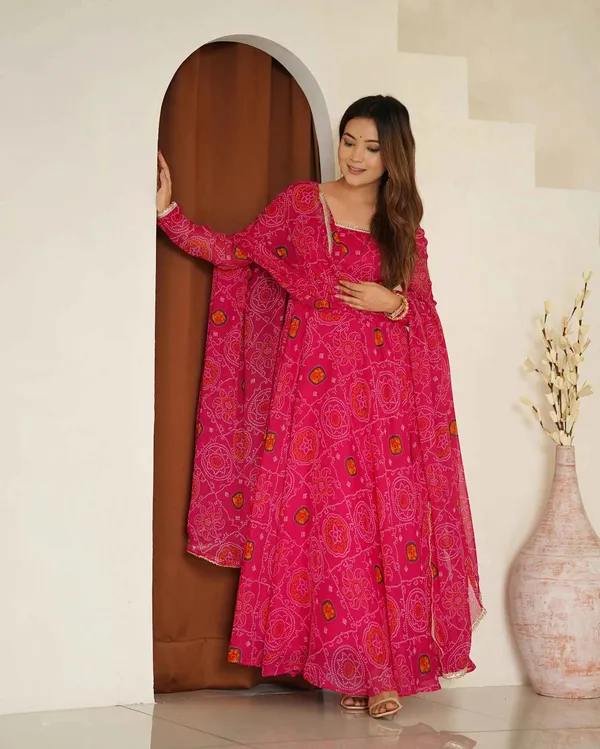 Pink_Soft_Light_Weight_Chiffon_Bandhej_Print_Gown_With_Dupatta_For_Women