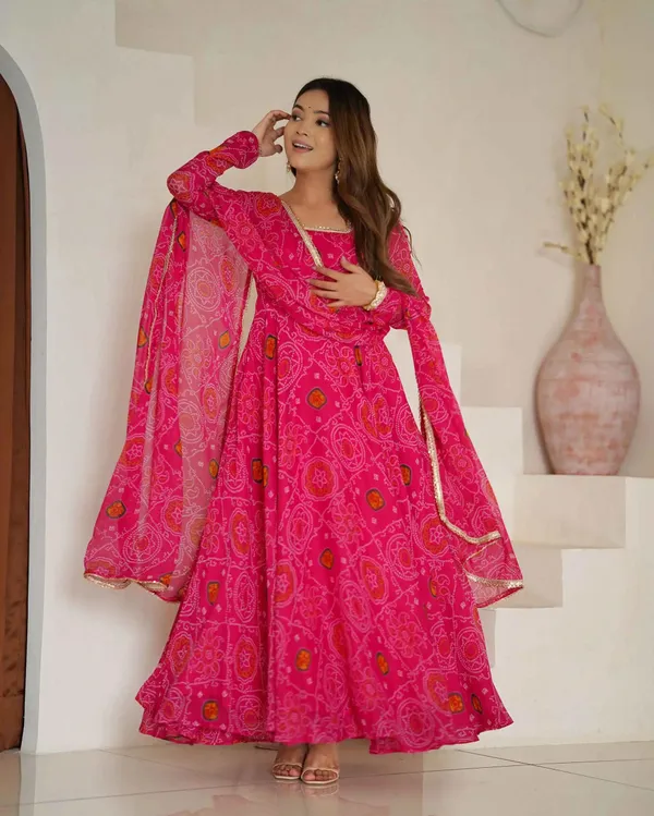 Pink_Soft_Light_Weight_Chiffon_Bandhej_Print_Gown_With_Dupatta_For_Women