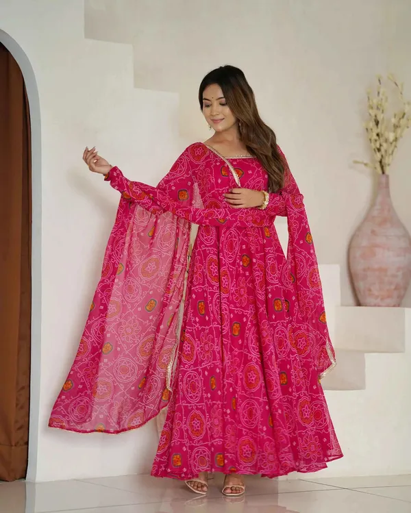 Pink_Soft_Light_Weight_Chiffon_Bandhej_Print_Gown_With_Dupatta_For_Women