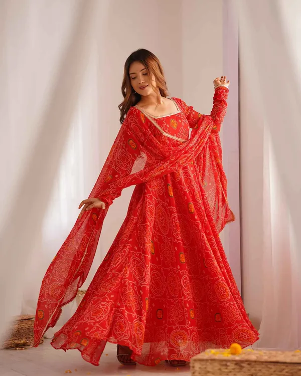 Ruby_Red_Soft_Light_Weight_Chiffon_Bandhej_Print_Gown_With_Dupatta_For_Women
