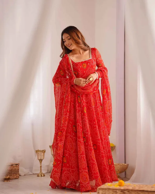 Ruby_Red_Soft_Light_Weight_Chiffon_Bandhej_Print_Gown_With_Dupatta_For_Women