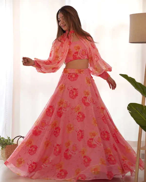 Dirty_Pink_Floral_Print_Indo_Western_With_Detachable_Sleeves_And_Lehenga_For_Women