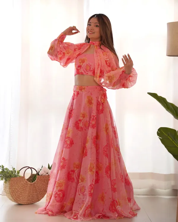 Dirty_Pink_Floral_Print_Indo_Western_With_Detachable_Sleeves_And_Lehenga_For_Women