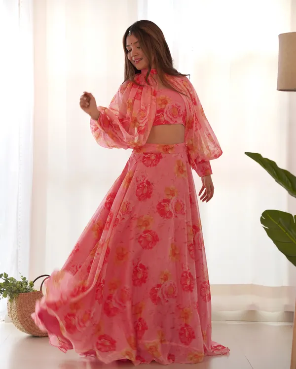 Dirty_Pink_Floral_Print_Indo_Western_With_Detachable_Sleeves_And_Lehenga_For_Women