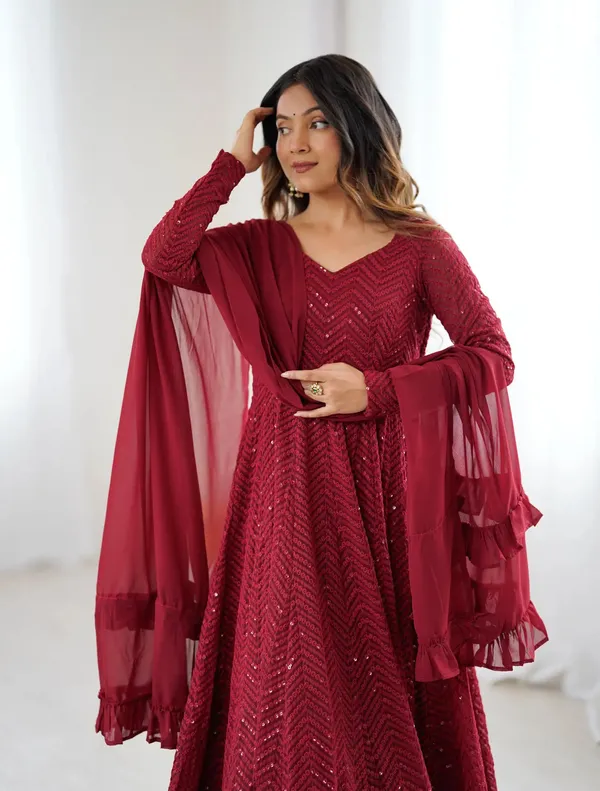 Maroon_Lucknowi_Sequins_Work_Gown_For_Women