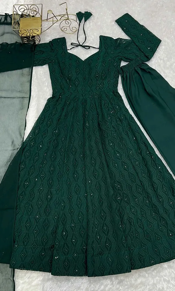 Dark_Green_Lucknowi_Work_Georgette_Gown_With_Ruffle_Style_Dupatta_For_Women