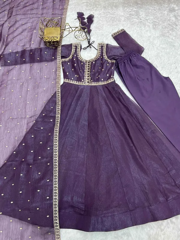 Plum_Purple_Crunchy_Silk_Embroidery_Gown_For_Women