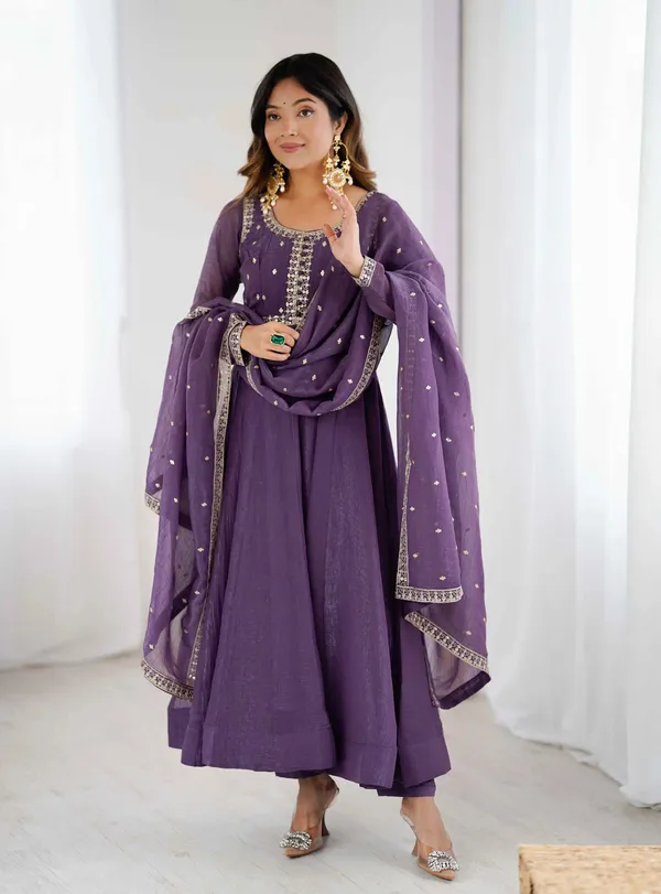 Plum_Purple_Crunchy_Silk_Embroidery_Gown_For_Women