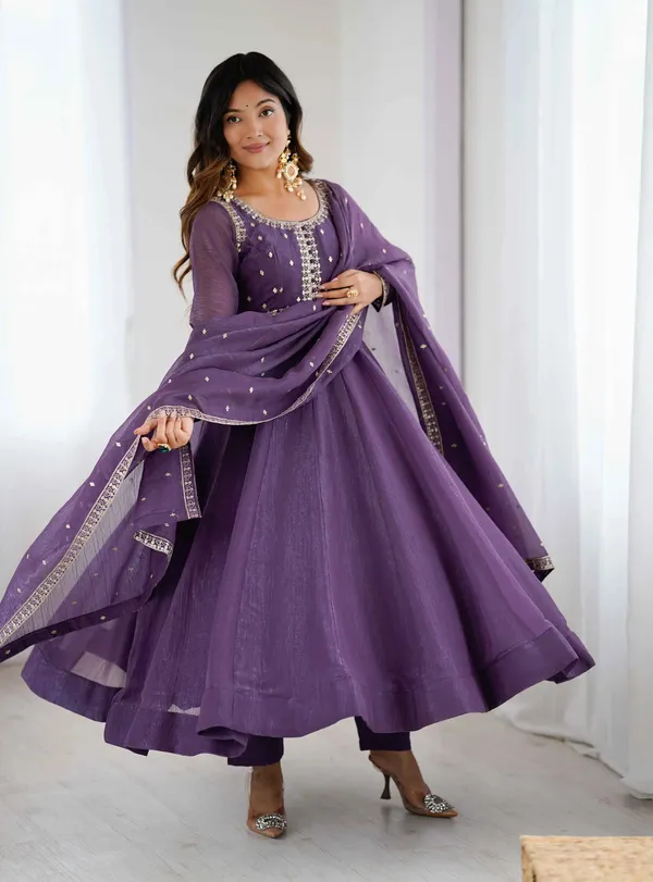 Plum_Purple_Crunchy_Silk_Embroidery_Gown_For_Women