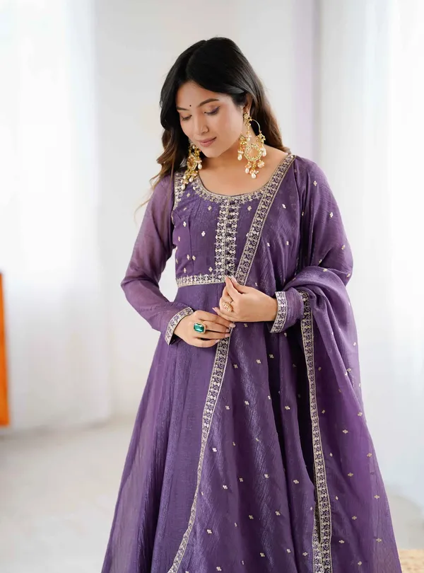 Plum_Purple_Crunchy_Silk_Embroidery_Gown_For_Women