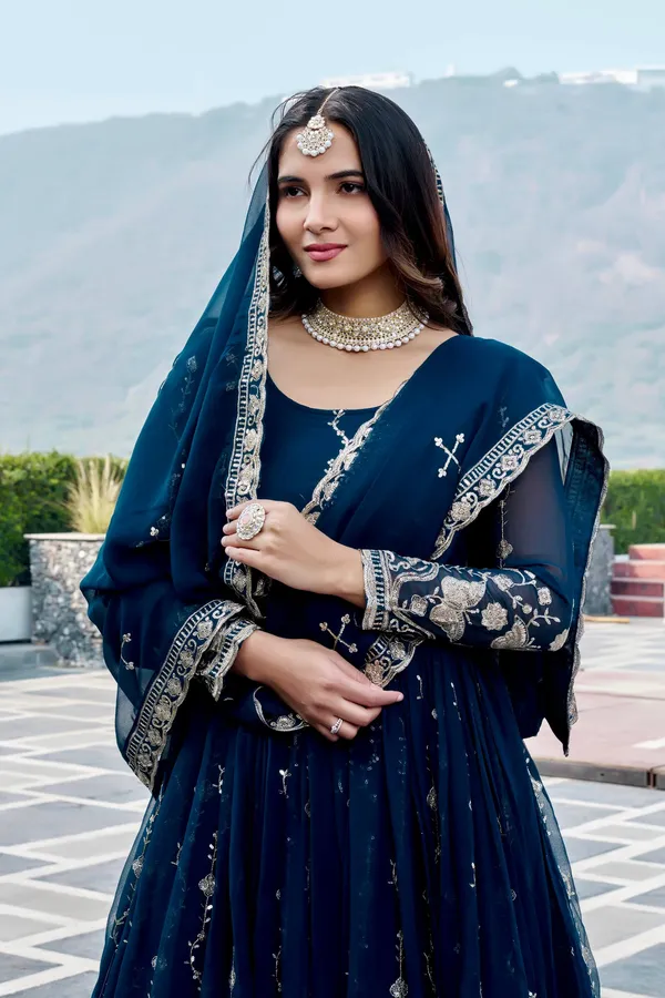 Premium_Designer_Dark_Teal__Colour_Fox_Georgette_Gown_with_Dupatta