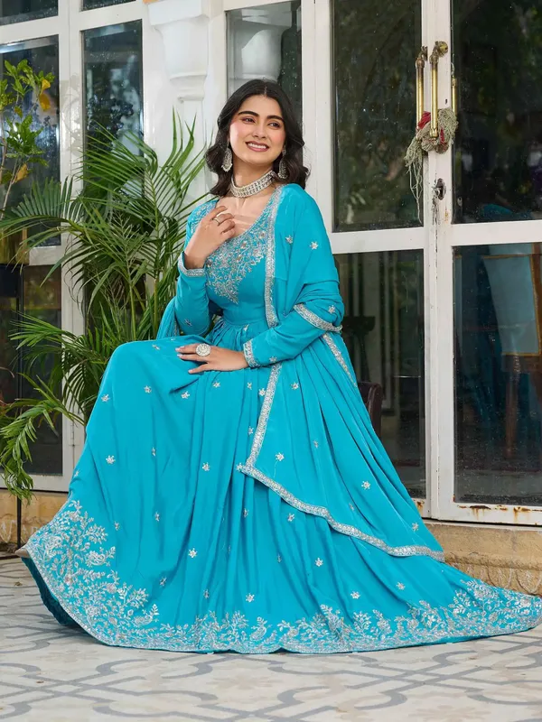Bondi_Blue_Sequins_Embroidery_Work_Silk_Gown_And_Dupatta_For_Women