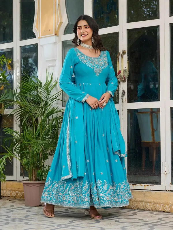 Bondi_Blue_Sequins_Embroidery_Work_Silk_Gown_And_Dupatta_For_Women