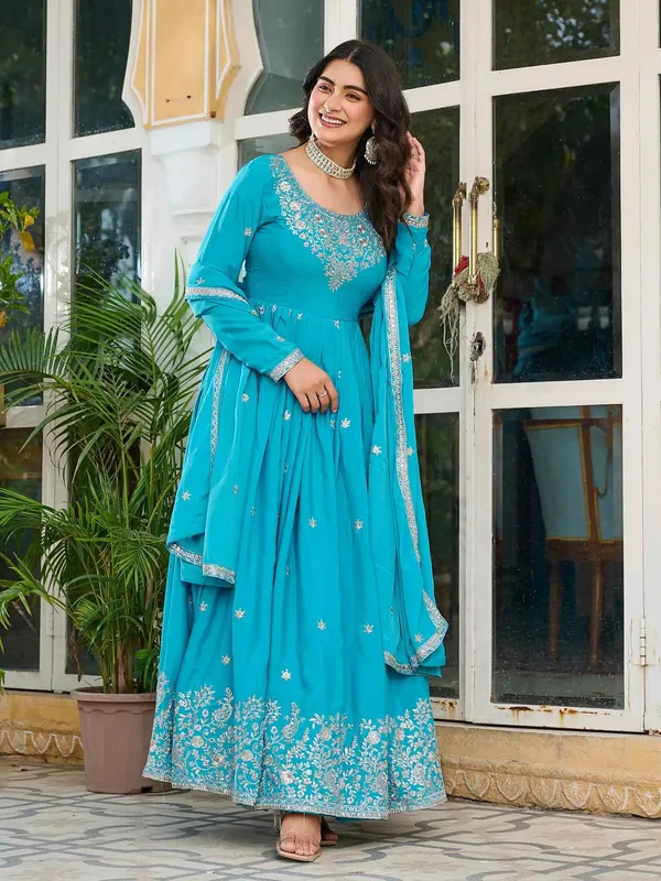 Bondi_Blue_Sequins_Embroidery_Work_Silk_Gown_And_Dupatta_For_Women