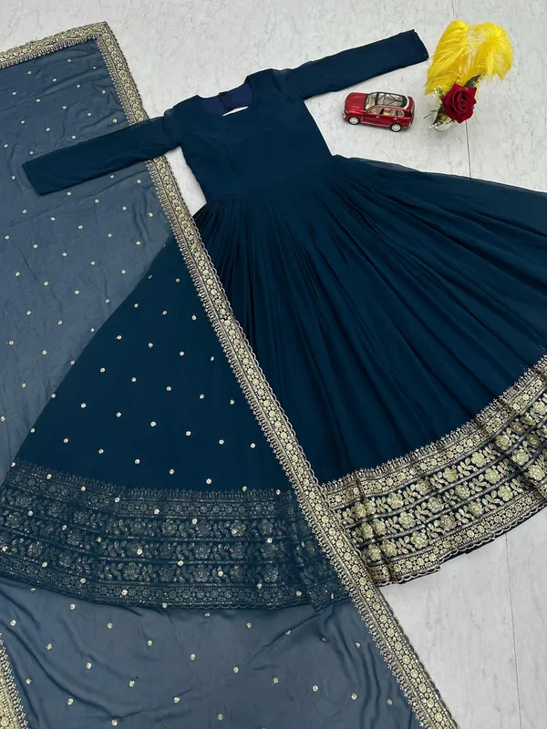 dark_teal_/_bottle_green_Colour_Designer_Embroidered_Gown_Set_For_Women