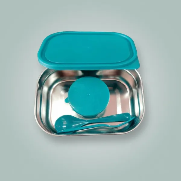 Stainless_Steel_Square_Lunch_Box_With_Turquoise_Lid_And_Spoon