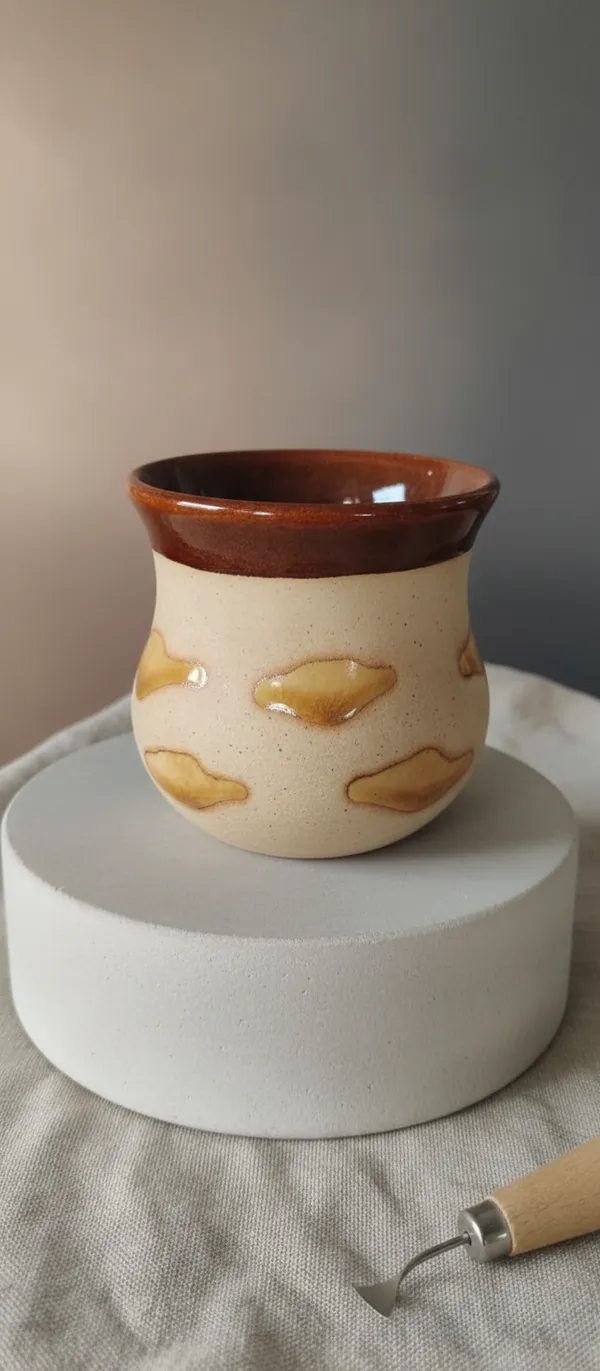 Handcrafted_Ceramic_Coffee_Mug_With_Brown_Glaze_And_Yellow_Drip_Design