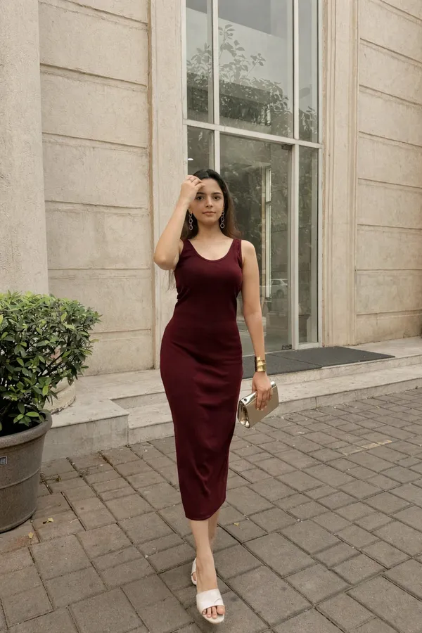 Mahroon_Premium_Quality_V_Neck_Dress_For_Women