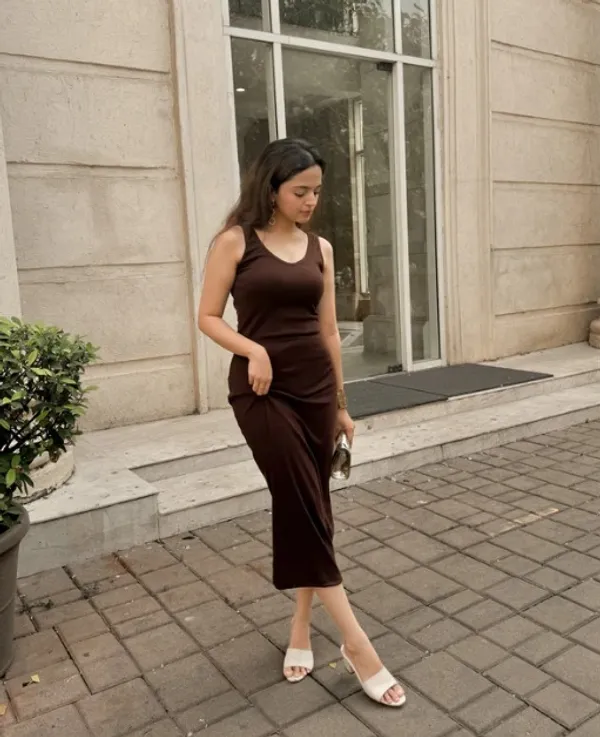 Brown_Premium_Quality_V_Neck_Dress_For_Women