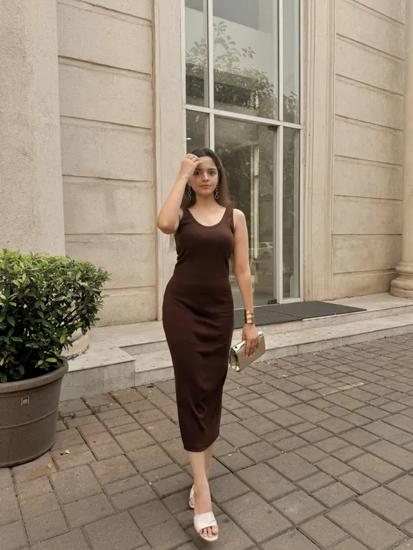 Brown_Premium_Quality_V_Neck_Dress_For_Women