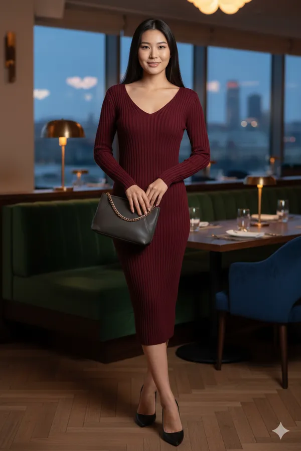Mahroon_Premium_Quality_V_Neck_Dress_For_Women