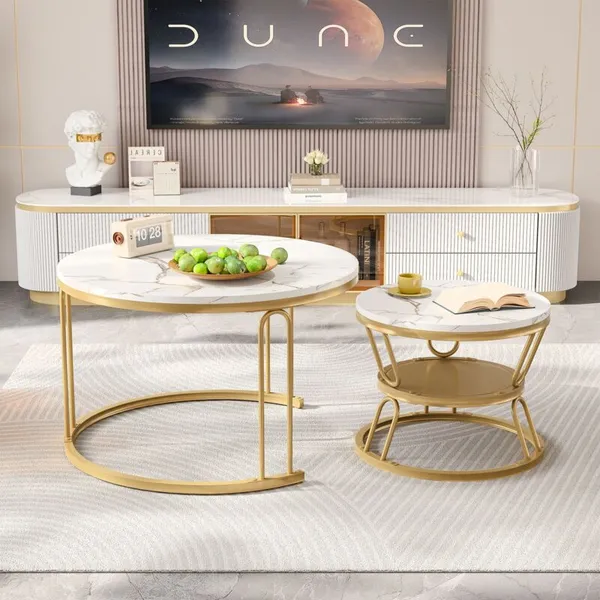 Modern_Set_of_2_Center_Table_Table_with_Marble_Effect_Top_U-shaped_metal_frames