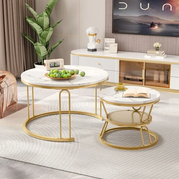 Modern_Set_of_2_Center_Table_Table_with_Marble_Effect_Top_U-shaped_metal_frames
