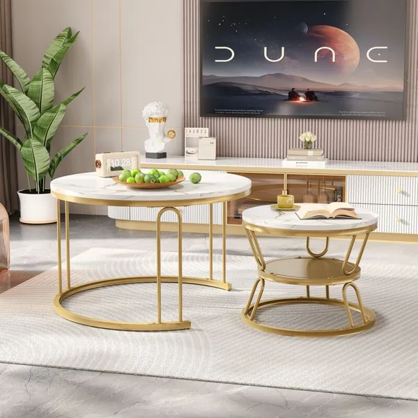 Modern_Set_of_2_Center_Table_Table_with_Marble_Effect_Top_U-shaped_metal_frames