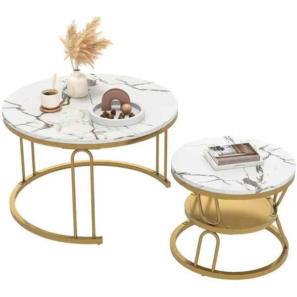 Modern_Set_of_2_Center_Table_Table_with_Marble_Effect_Top_U-shaped_metal_frames