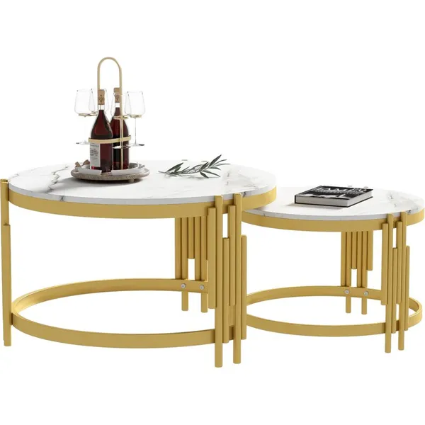 Modern_Set_of_2_round_coffee_tables,_71.5_cm_–_Marble-effect_top_–_Gold_metal_frame