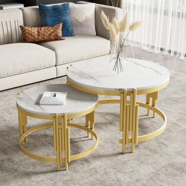 Modern_Set_of_2_round_coffee_tables,_71.5_cm_–_Marble-effect_top_–_Gold_metal_frame