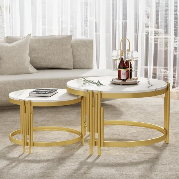 Modern_Set_of_2_round_coffee_tables,_71.5_cm_–_Marble-effect_top_–_Gold_metal_frame