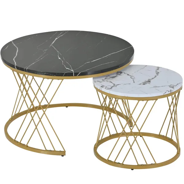 Nestroma_Set_of_2_-_Round_coffee_table_with_marble_veneer_and_gold_frame
