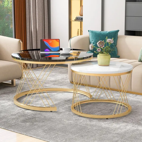 Nestroma_Set_of_2_-_Round_coffee_table_with_marble_veneer_and_gold_frame