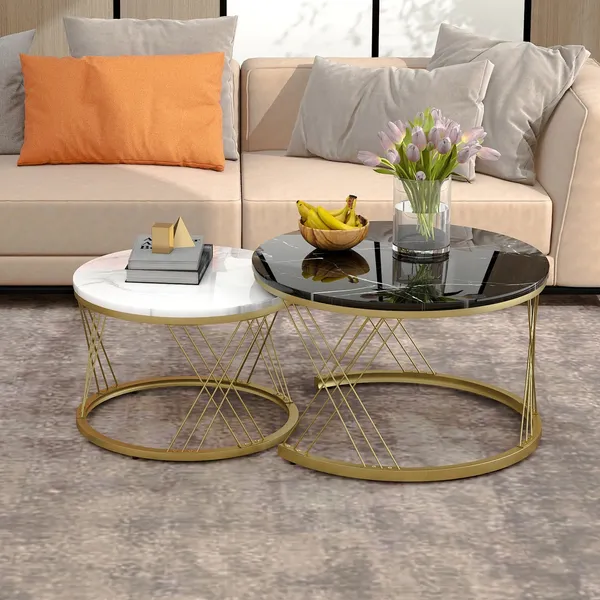 Nestroma_Set_of_2_-_Round_coffee_table_with_marble_veneer_and_gold_frame