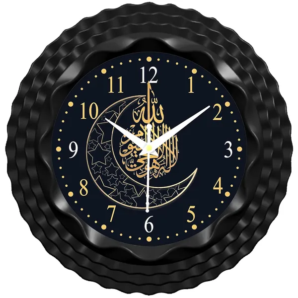 Islamic_Wall_Clock_With_Arabic_Calligraphy_22_Cm_Round_Black_Frame_With_Gold_Design_Navy_Blue_Dial