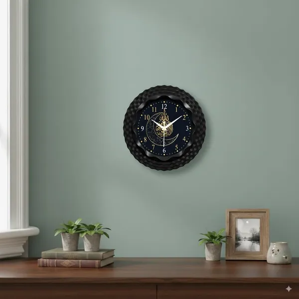 Islamic_Wall_Clock_With_Arabic_Calligraphy_22_Cm_Round_Black_Frame_With_Gold_Design_Navy_Blue_Dial