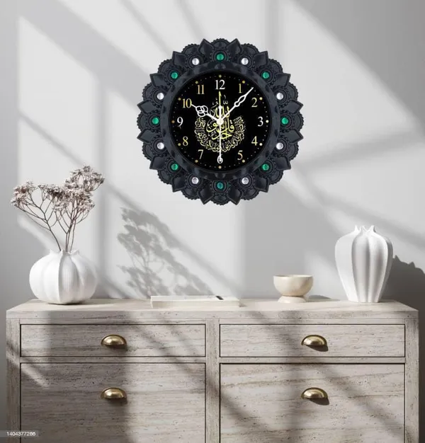 Islamic_Wall_Clock_With_Black_Frame_And_Arabic_Calligraphy_Decorative_Green_And_Silver_Jeweled_Ornate_Design_Stylish_Home_Office_Wall_Decor
