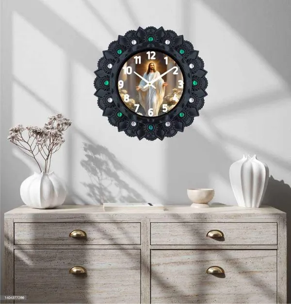 Decorative_Wall_Clock_With_Jesus_Image_Black_Frame_With_Green_And_White_Stones_10_Inch_Religious_Home_Office_Wall_Decor