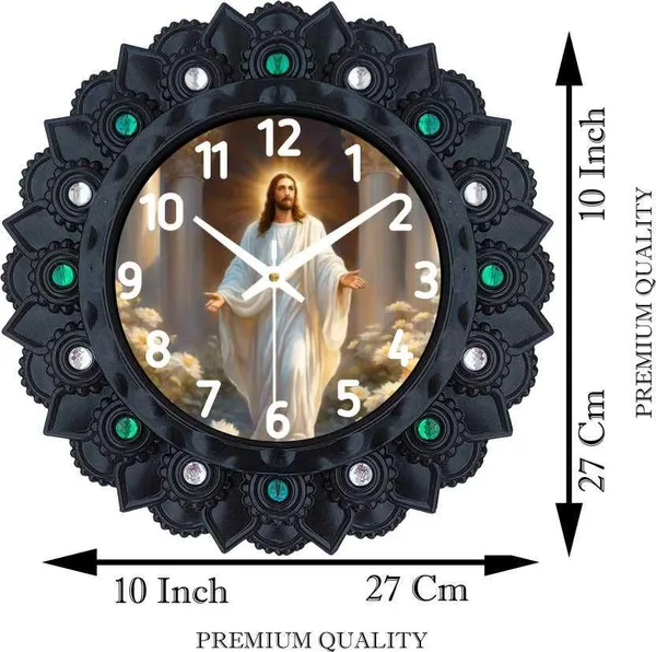Decorative_Wall_Clock_With_Jesus_Image_Black_Frame_With_Green_And_White_Stones_10_Inch_Religious_Home_Office_Wall_Decor