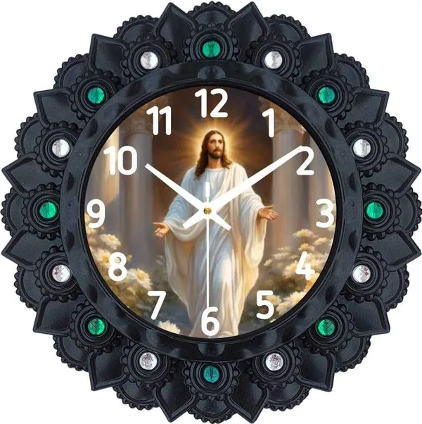 Decorative_Wall_Clock_With_Jesus_Image_Black_Frame_With_Green_And_White_Stones_10_Inch_Religious_Home_Office_Wall_Decor