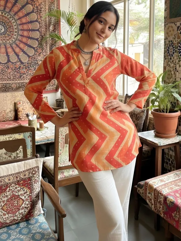 Yellow_And_Red_Rayon_Chevron_Printed_Kurti