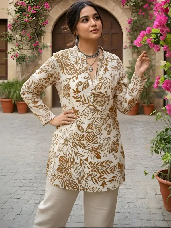 Cream_And_Brown_Cotton_Leaf_Printed_Kurti