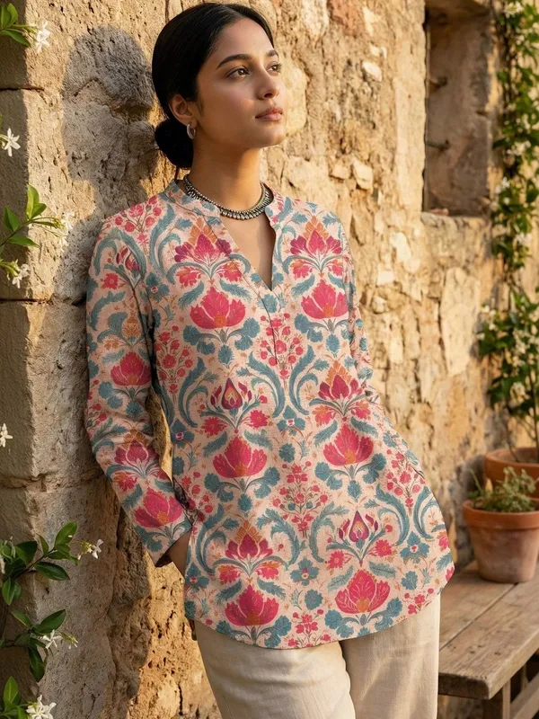 Pink_And_Blue_Cotton_Floral_Printed_Kurti
