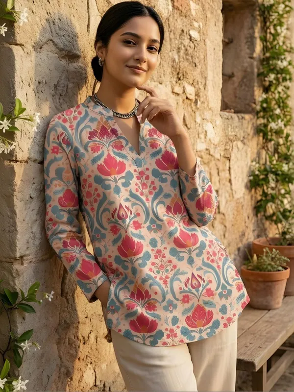 Pink_And_Blue_Cotton_Floral_Printed_Kurti