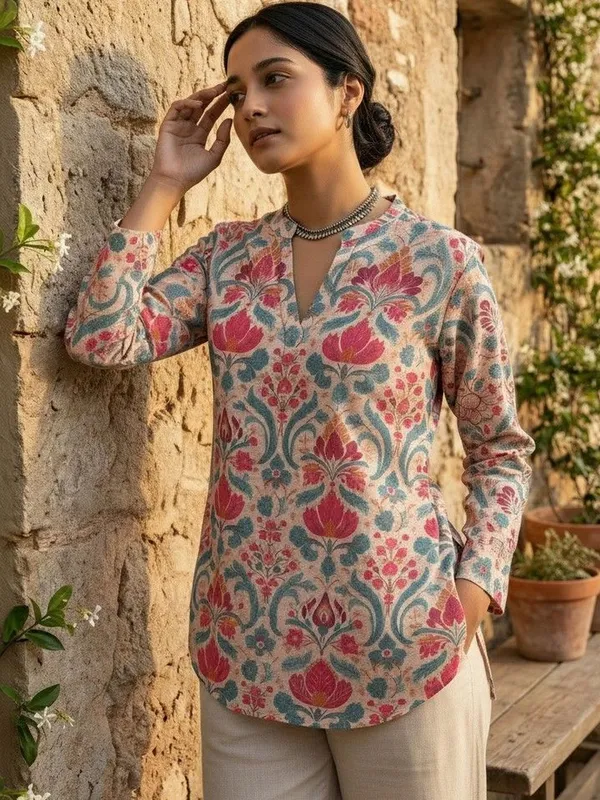 Pink_And_Blue_Cotton_Floral_Printed_Kurti