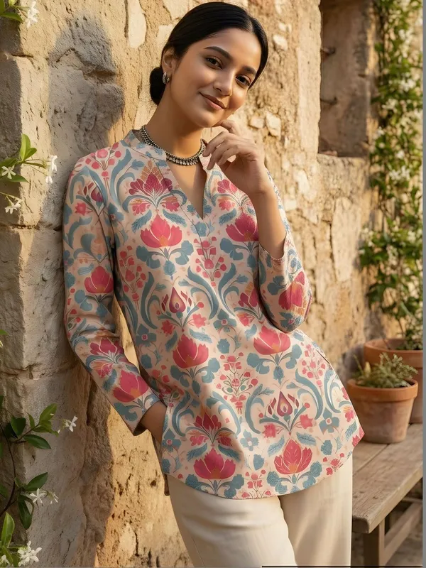 Pink_And_Blue_Cotton_Floral_Printed_Kurti