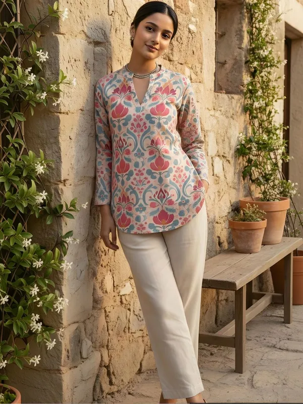 Pink_And_Blue_Cotton_Floral_Printed_Kurti