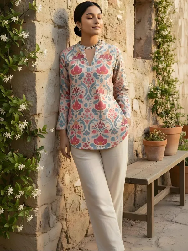 Pink_And_Blue_Cotton_Floral_Printed_Kurti