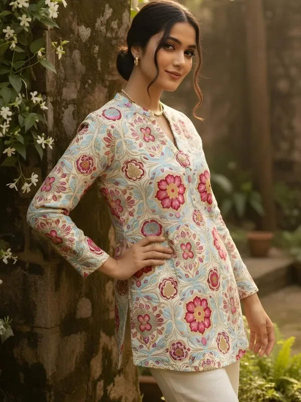 Cream-Pink_Cotton_Floral_Printed_Kurti